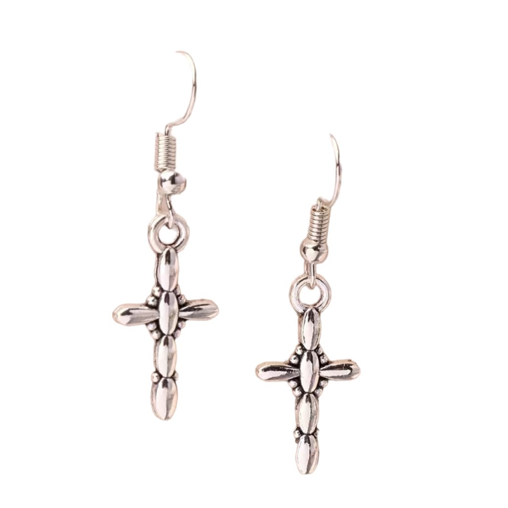 Silver Christian Cross Design Drop Earrings